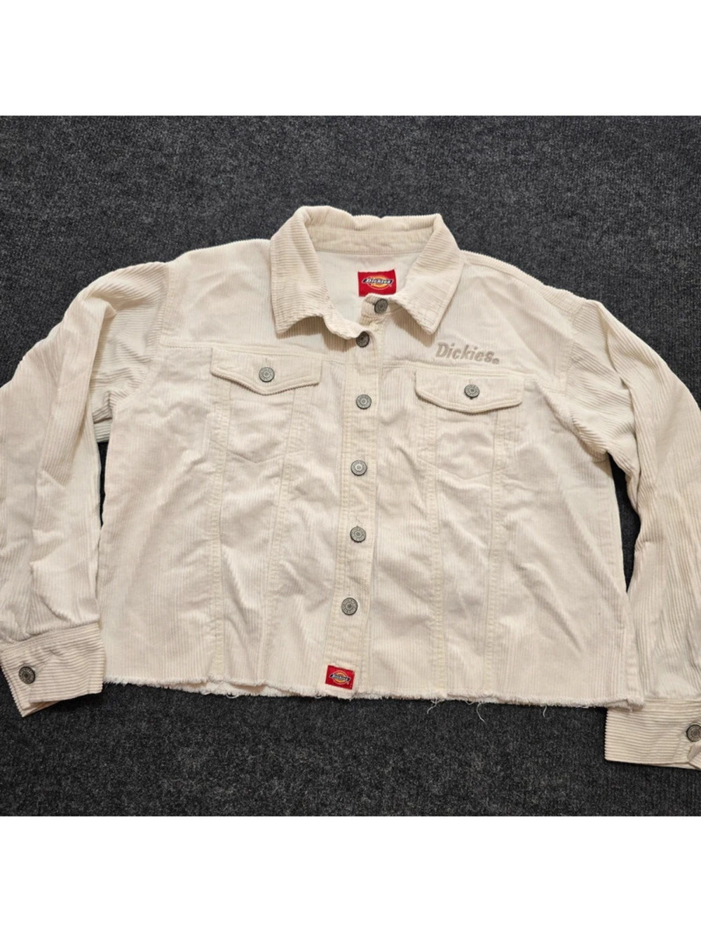 Dickies Girl Cream Corduroy Cropped Raw Hem Trucker Jacket Large J4076SM